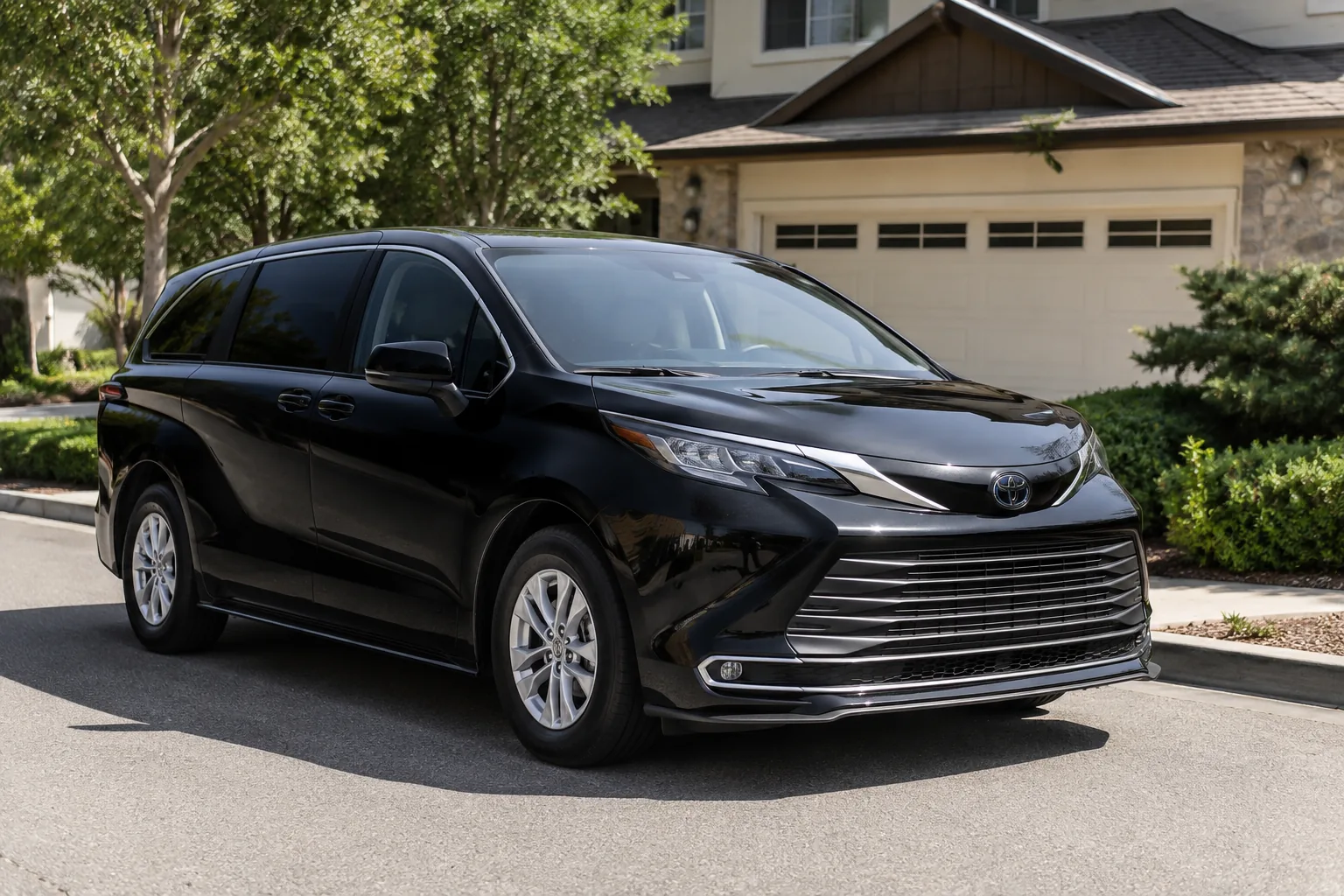 Black service minivan parked in front of a residential garage
